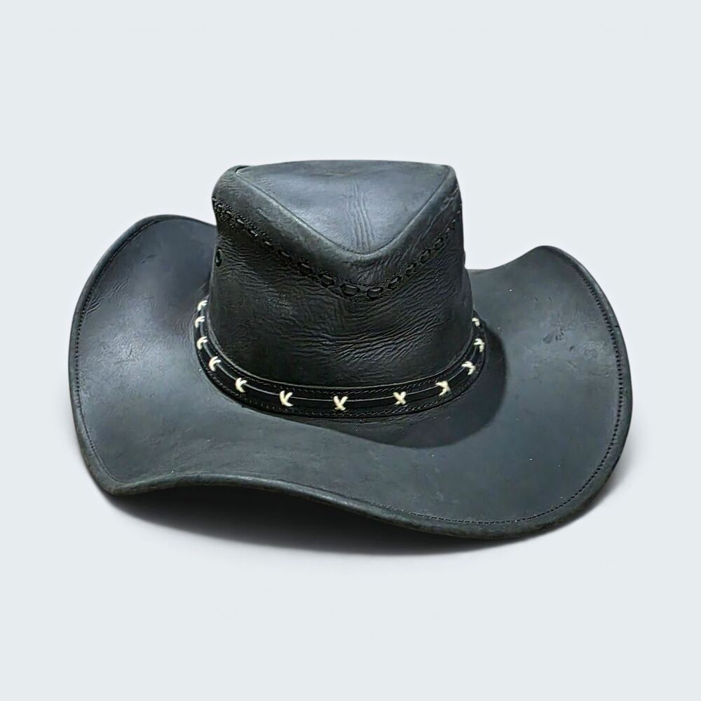 Vintage Montreal Black Top Grain Leather Outback Cowboy Hat Size Small